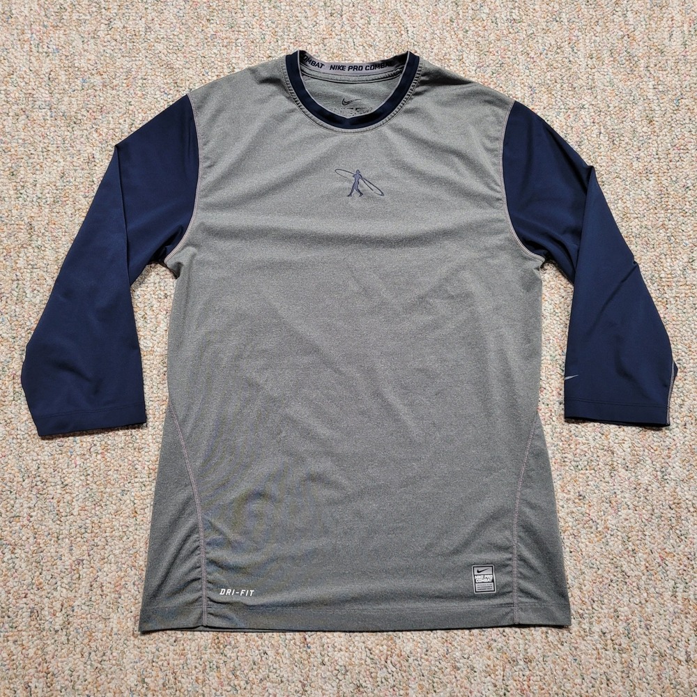 Nike Pro Combat Shirt Mens Medium Grey Blue Baseball 3/4‎ Sleeve Dri-FIT